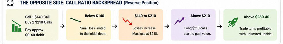SKHY call ratio backspread scenarios: sell 1 $140 call, buy 2 $210 calls for ~$0.40 debit