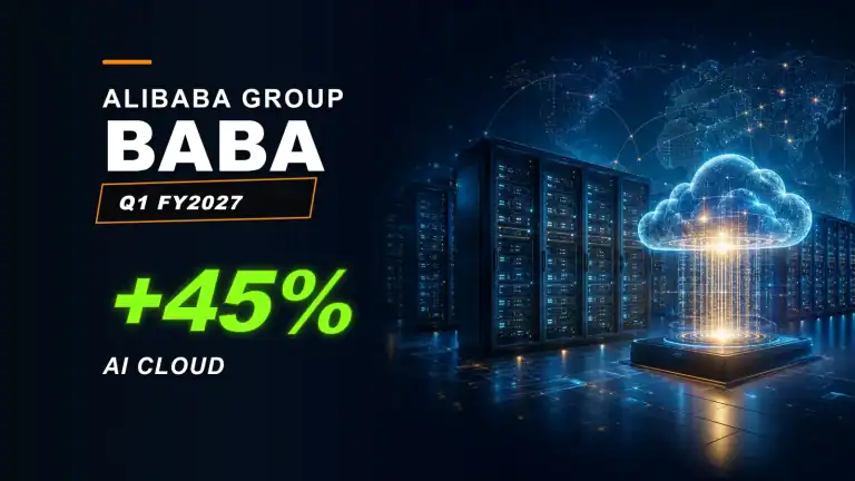 Alibaba Group Holding Limited (BABA) Earnings Report — Q1 FY2027 editorial visual showing its AI opportunity and investment risks.