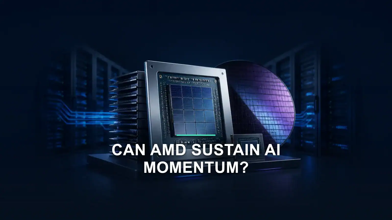 Advanced semiconductor processor and silicon wafer in a blue-lit data center, illustrating AMD AI infrastructure and Q2 FY2026 earnings.