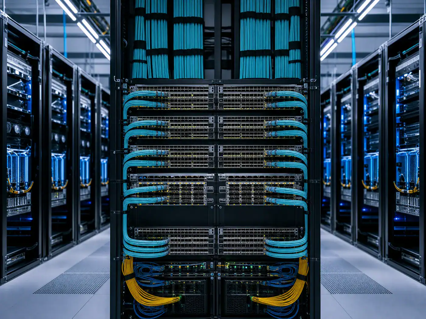 High-density Ethernet switching equipment and fiber connections representing Arista's AI data-center fabric opportunity.
