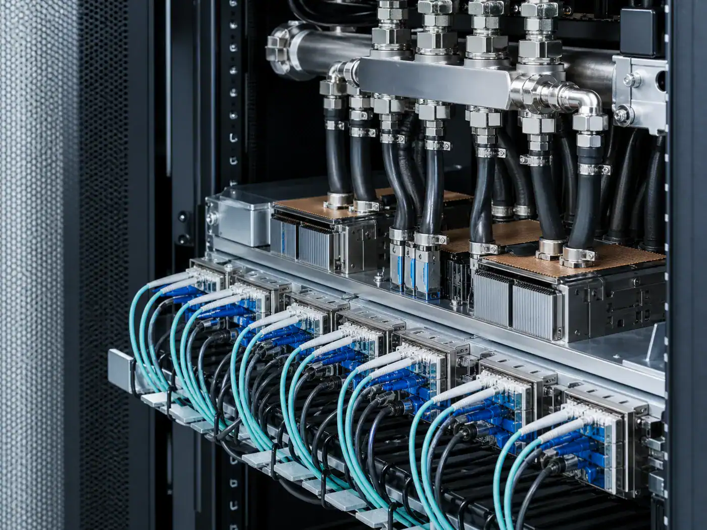 Liquid-cooled optical networking hardware in a modern data center, illustrating density and power challenges in AI infrastructure.