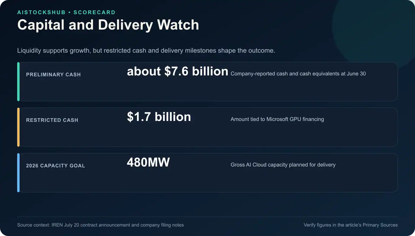 Scorecard showing IREN's preliminary cash, restricted cash, and 2026 gross AI Cloud capacity delivery goal.