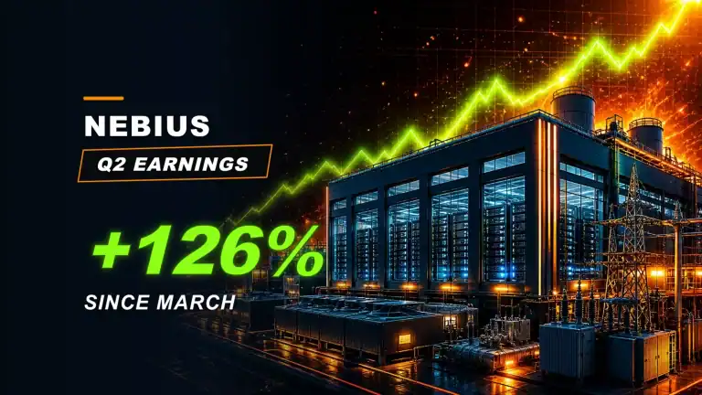 Dramatic Nebius Q2 FY2026 earnings thumbnail showing a monumental AI data center and the verified 126% historical stock rise since March.