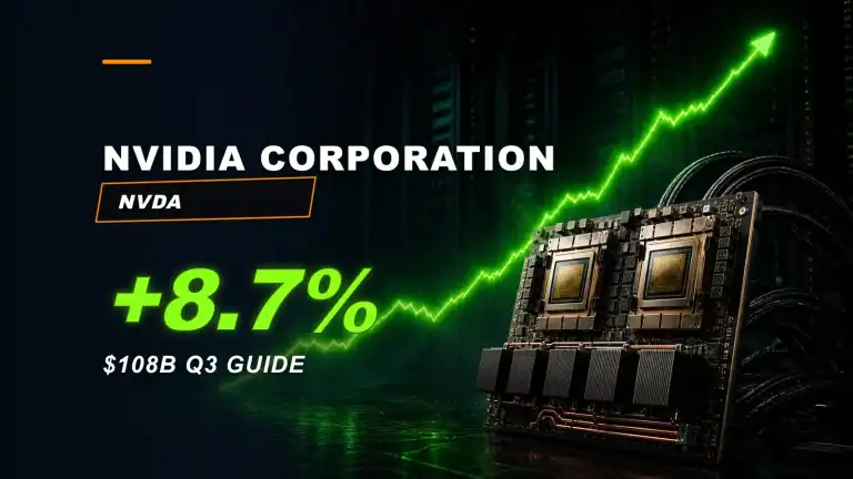 NVIDIA Corporation NVDA earnings graphic highlighting an 8.7% full-day gain and a $108 billion Q3 revenue guide.