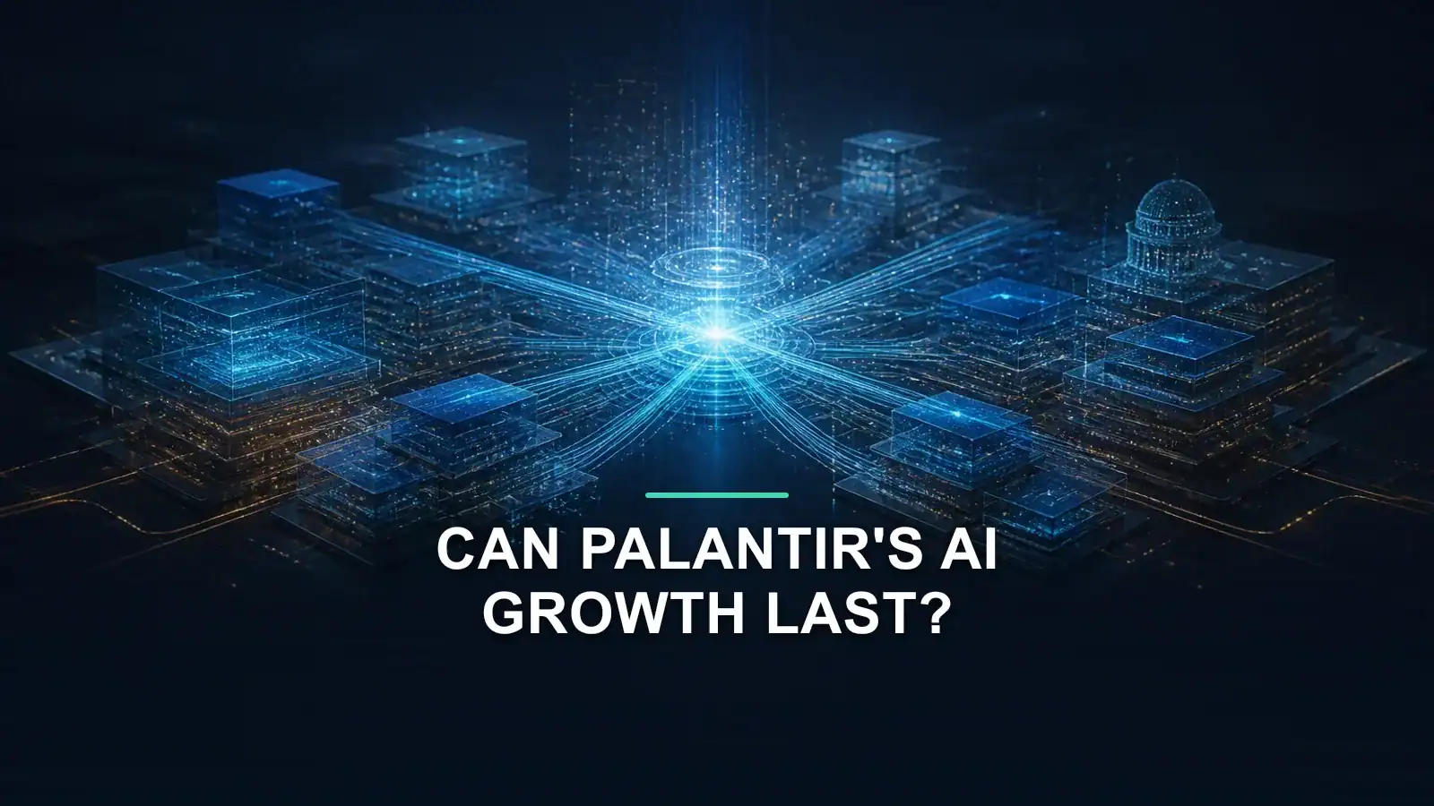 Palantir Q2 FY2026 earnings editorial illustration showing secure AI data systems converging around a central platform network.