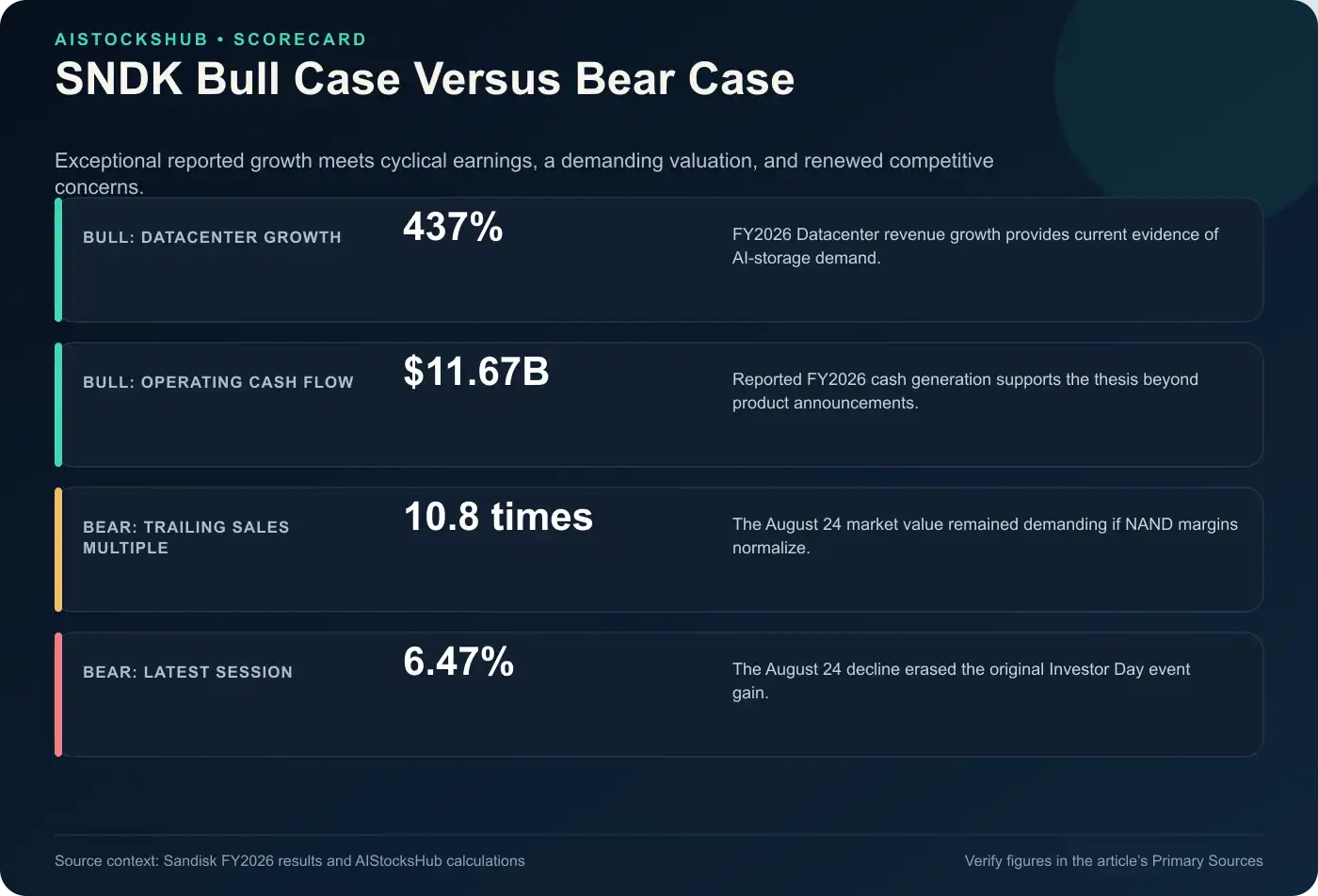 SNDK bull-versus-bear scorecard comparing Datacenter growth and cash flow with valuation and volatility risks.