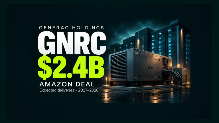 Illustrated backup generator and data center beside Generac GNRC and $2.4B expected Amazon deliveries in 2027–2028.
