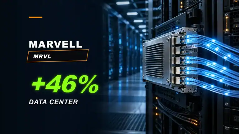 Marvell AI data-center interconnect module with blue optical links inside a server rack.